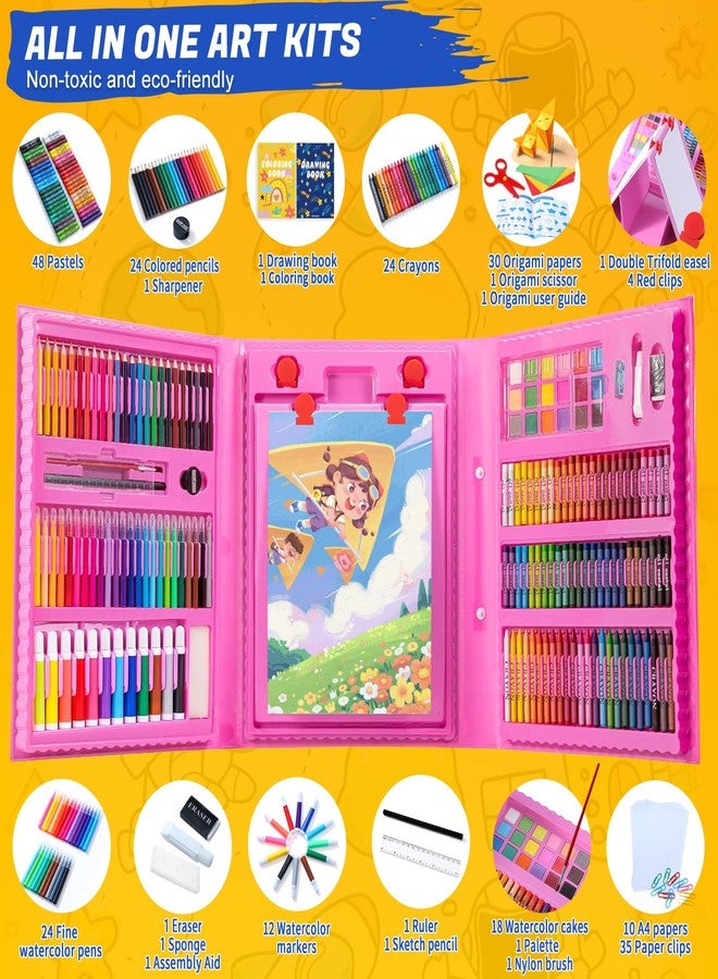AOTEMOON All in One Art Supplies, Art Kit Includes Easel, Origami Paper, Colored Pencils, Crayons, Drawing Book, Coloring Book, Watercolor Pens, Markers and Oil Pastels, Gifts for Girls Boys Teens, Pink - Image 3